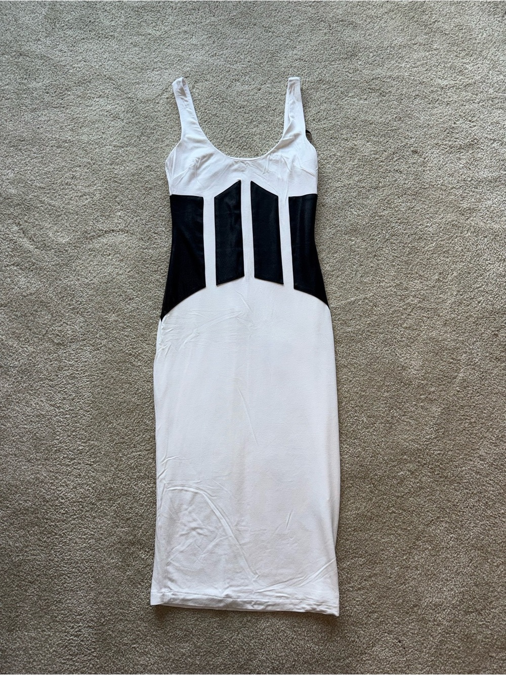bebe White Midi Dress with Black Geometric Panels